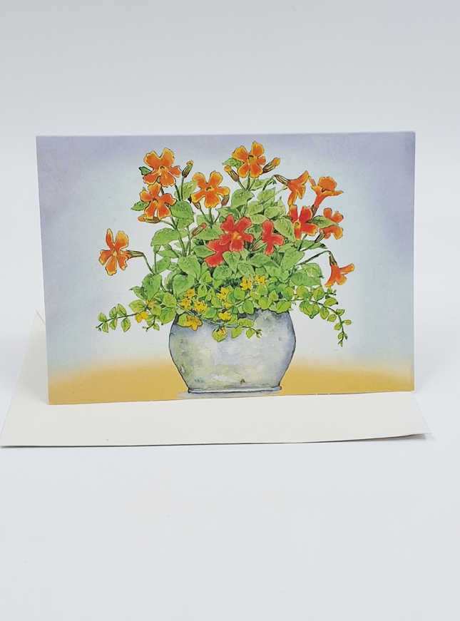 Wenskaart oranje/gele bloemen in pot