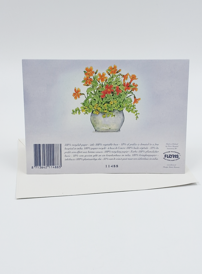 Wenskaart oranje/gele bloemen in pot