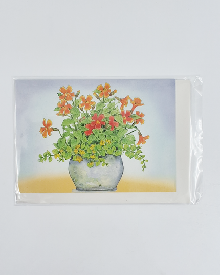 Wenskaart oranje/gele bloemen in pot