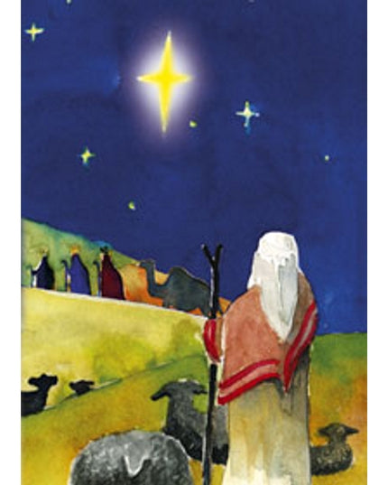Kerstkaart herder kijkt naar wijzen