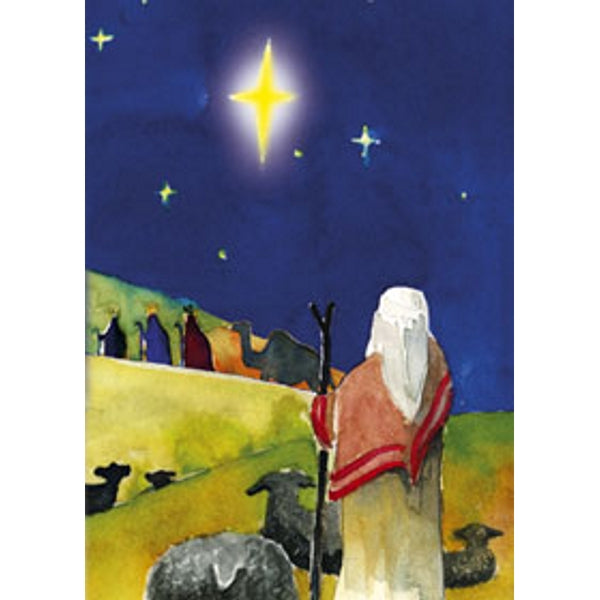 Kerstkaart herder kijkt naar wijzen