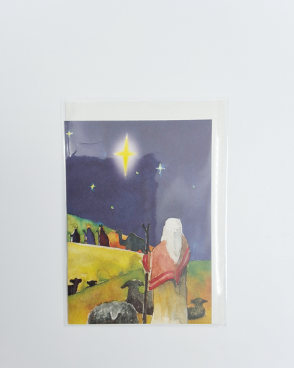 Kerstkaart herder kijkt naar wijzen