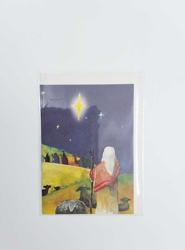 Kerstkaart herder kijkt naar wijzen