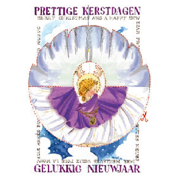 Wenskaart knipkaart engel paars "prettige kerst"
