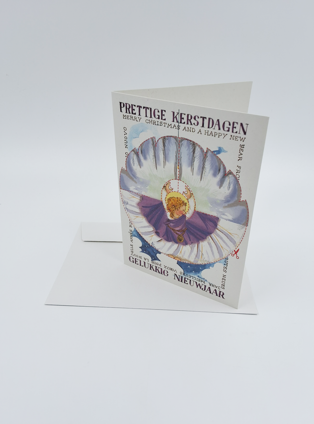 Wenskaart knipkaart engel paars "prettige kerst"