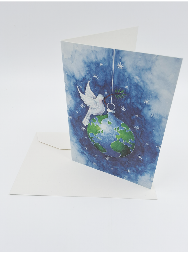 Wenskaart vredesduif op kerstbal