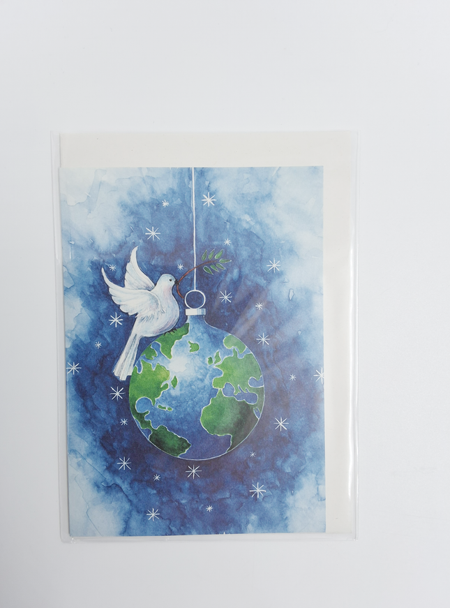 Wenskaart vredesduif op kerstbal
