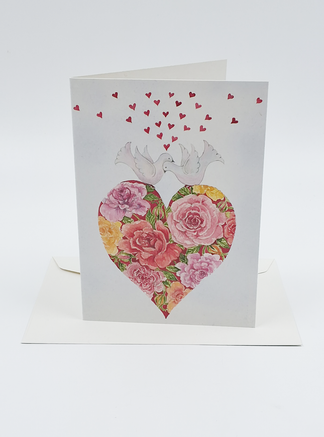 Wenskaart hartje, 2 duiven