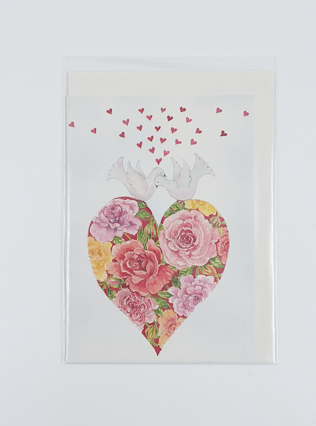 Wenskaart hartje, 2 duiven