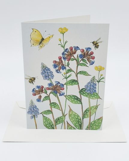 Wenskaart blauwe druifjes longkruid vlinder