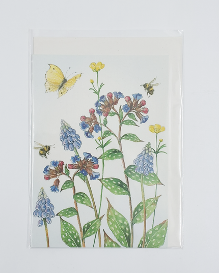 Wenskaart blauwe druifjes longkruid vlinder