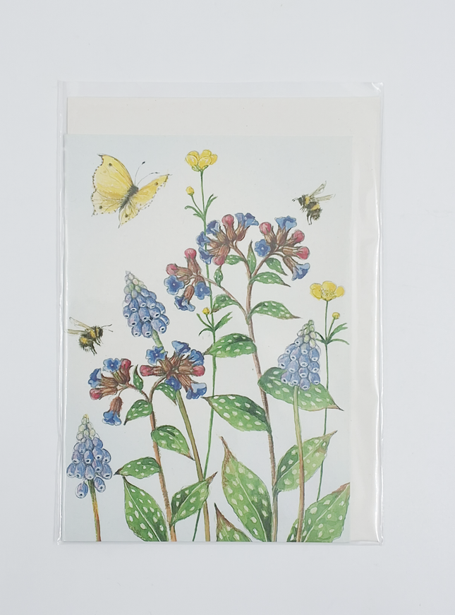 Wenskaart blauwe druifjes longkruid vlinder