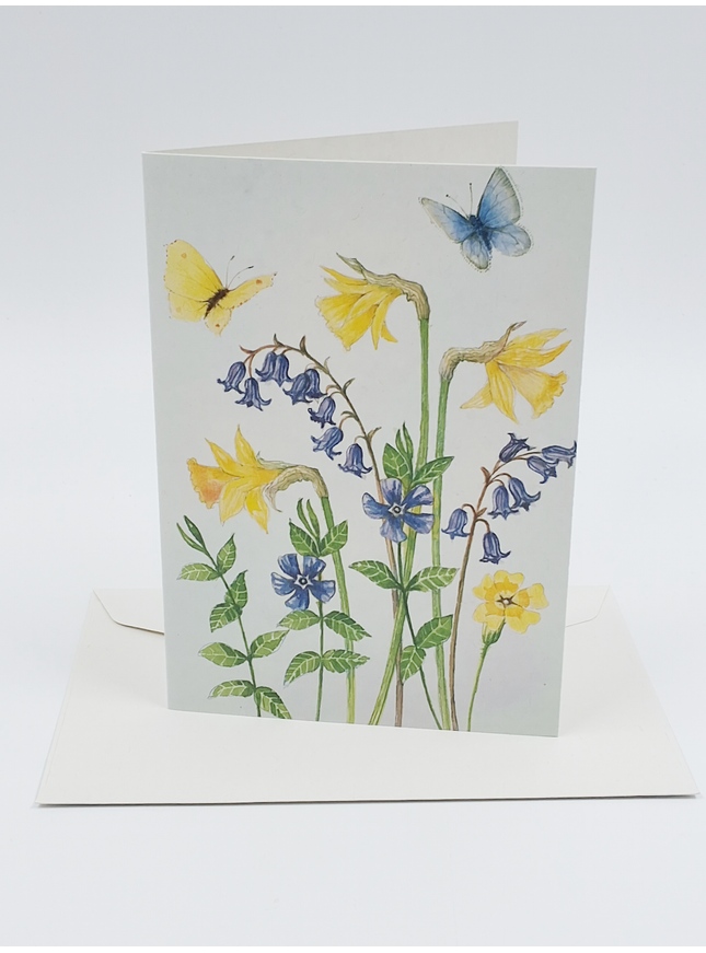 Greeting card daffodils bluebells butterflies