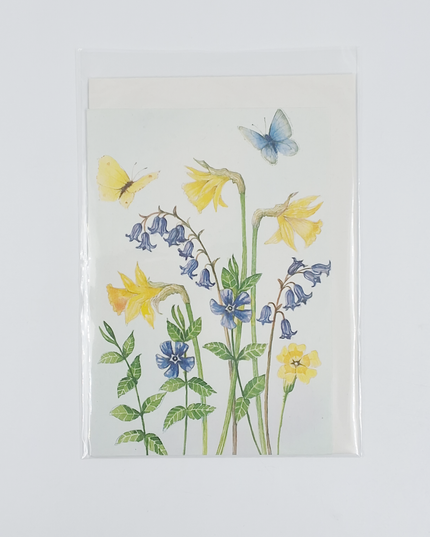 Wenskaart narcissen boshyacinten vlinders