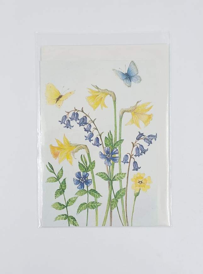 Wenskaart narcissen boshyacinten vlinders