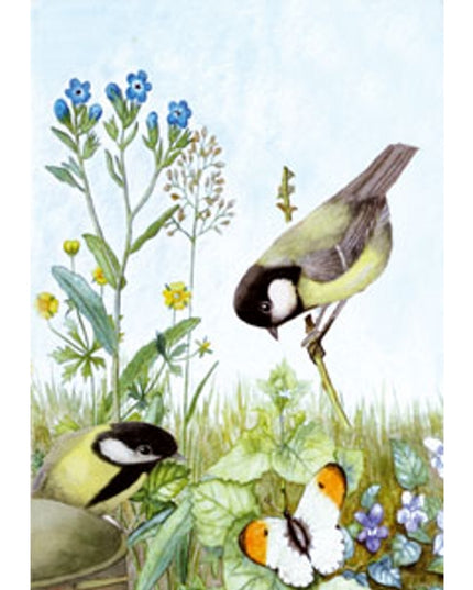 Wenskaart 2 koolmeesjes vergeetmeniet