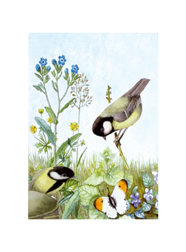 Wenskaart 2 koolmeesjes vergeetmeniet