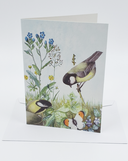 Wenskaart 2 koolmeesjes vergeetmeniet