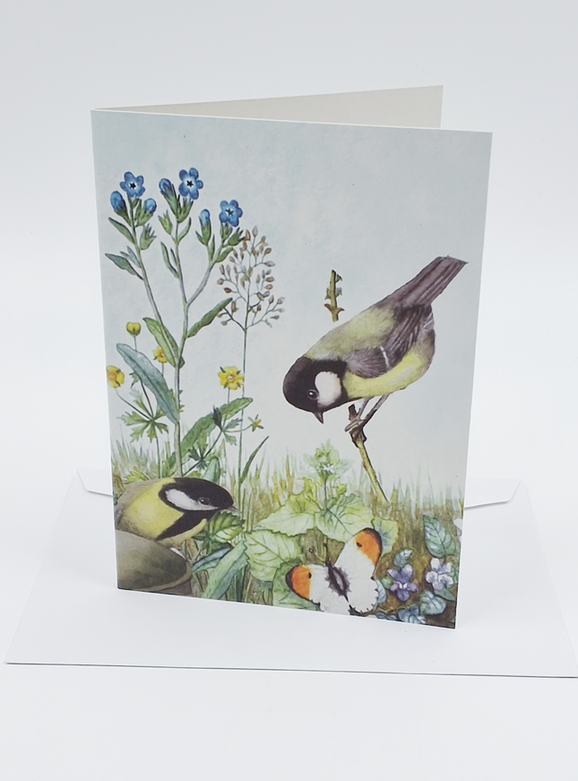 Wenskaart 2 koolmeesjes vergeetmeniet