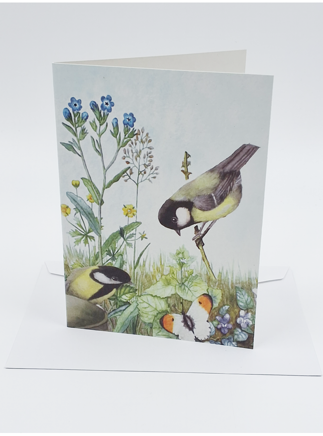 Wenskaart 2 koolmeesjes vergeetmeniet