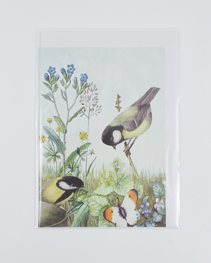 Wenskaart 2 koolmeesjes vergeetmeniet