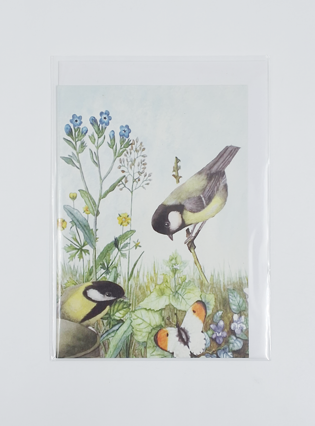 Wenskaart 2 koolmeesjes vergeetmeniet