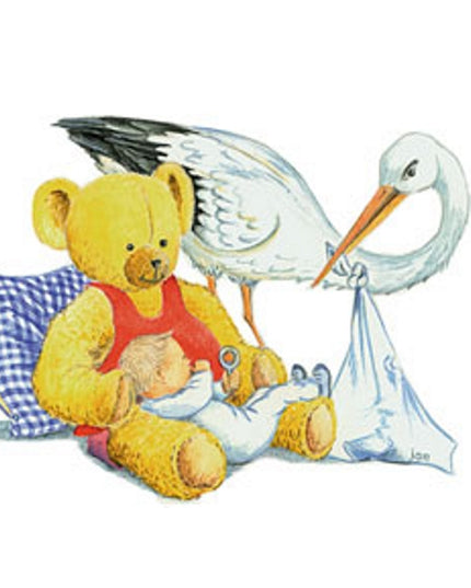 Wenskaart ooievaar baby beer