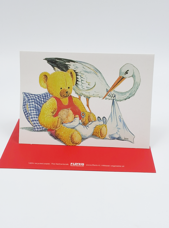 Wenskaart ooievaar baby beer