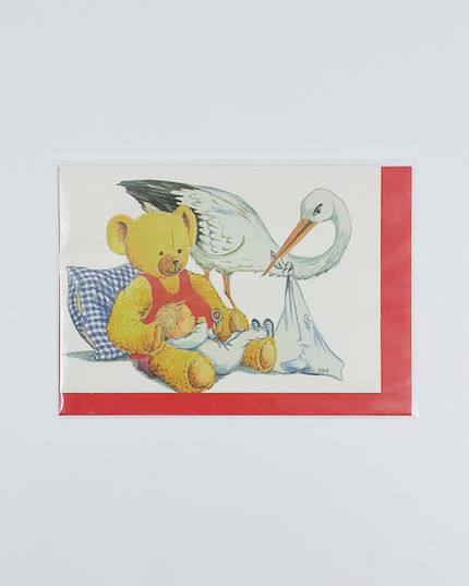 Wenskaart ooievaar baby beer