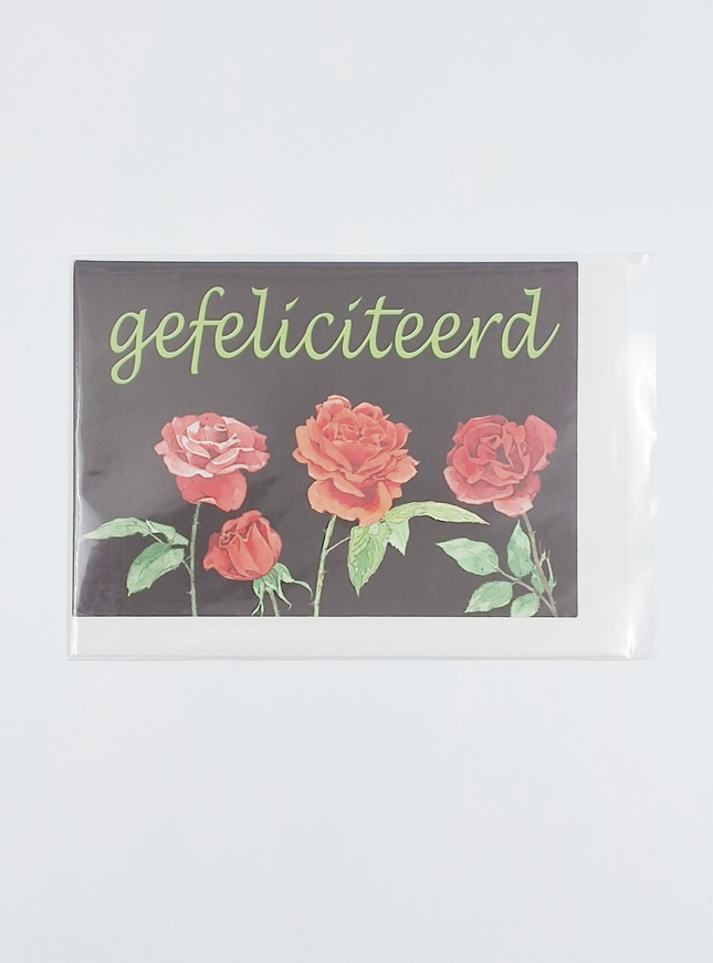 Wenskaart 4 rozen, gefeliciteerd