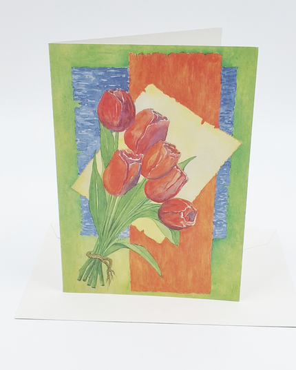 Wenskaart bos rode tulpen