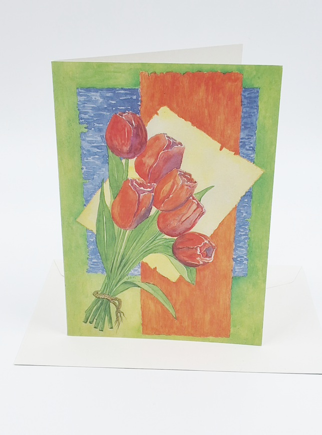 Wenskaart bos rode tulpen