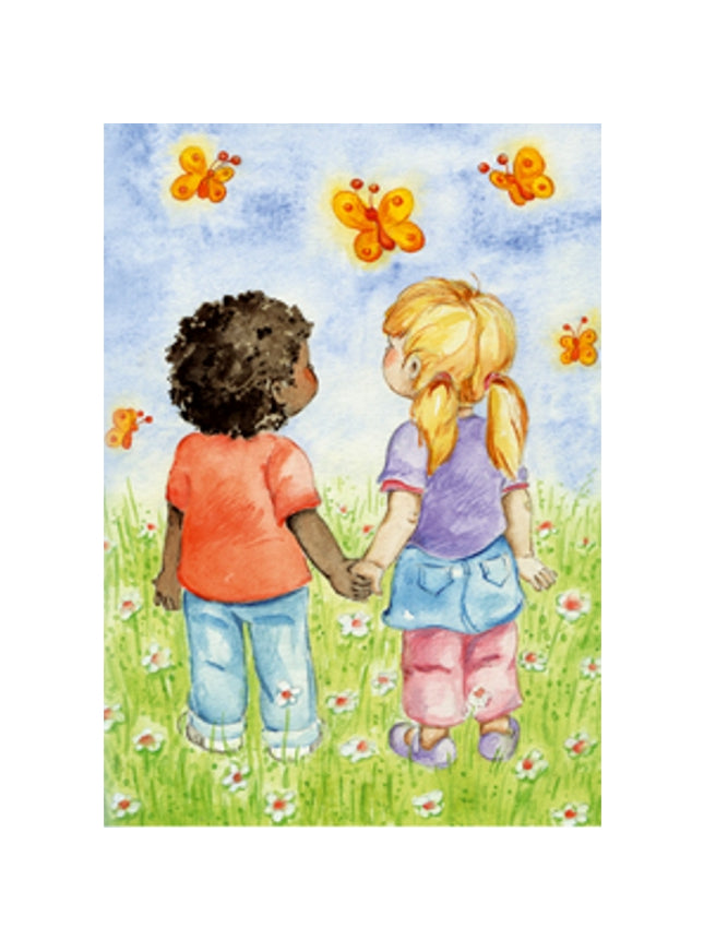 Wenskaart 2 kinderen hand in hand