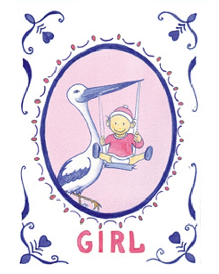 Wenskaart ooievaar geboorte girl