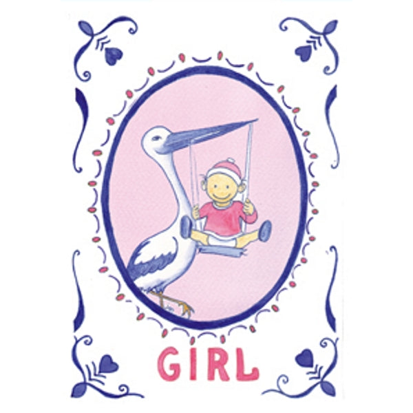 Wenskaart ooievaar geboorte girl