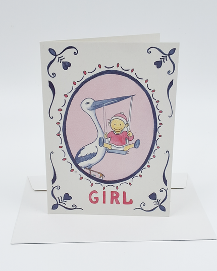 Wenskaart ooievaar geboorte girl