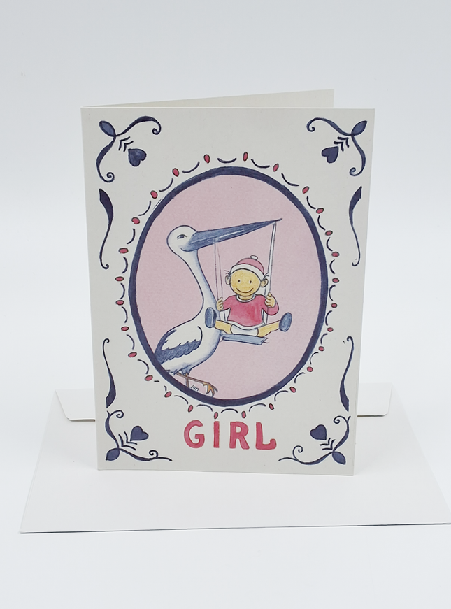Wenskaart ooievaar geboorte girl