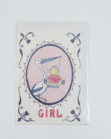Wenskaart ooievaar geboorte girl