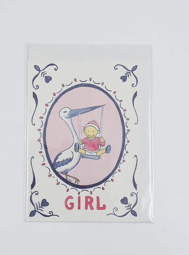 Wenskaart ooievaar geboorte girl