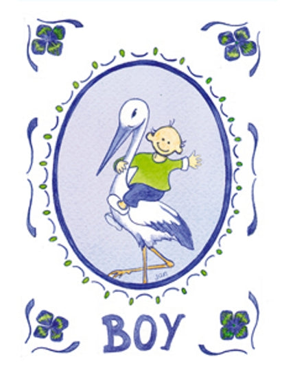 Wenskaart ooievaar geboorte boy
