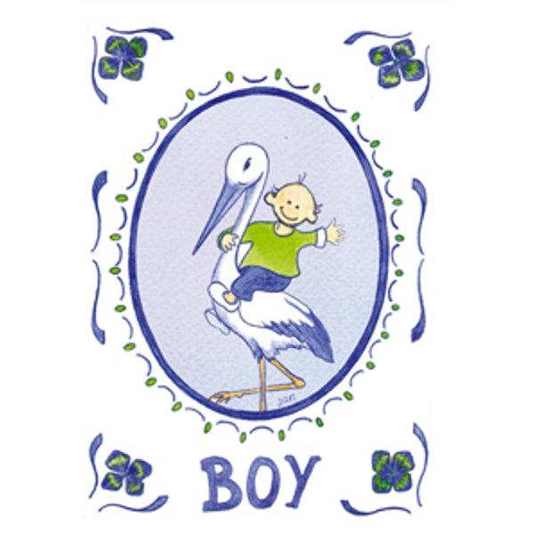 Wenskaart ooievaar geboorte boy
