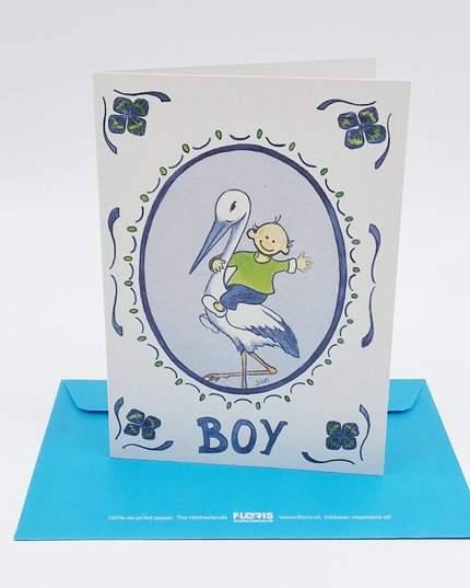Wenskaart ooievaar geboorte boy