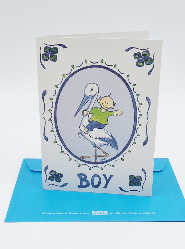 Wenskaart ooievaar geboorte boy