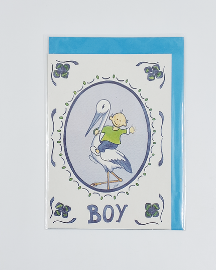 Wenskaart ooievaar geboorte boy