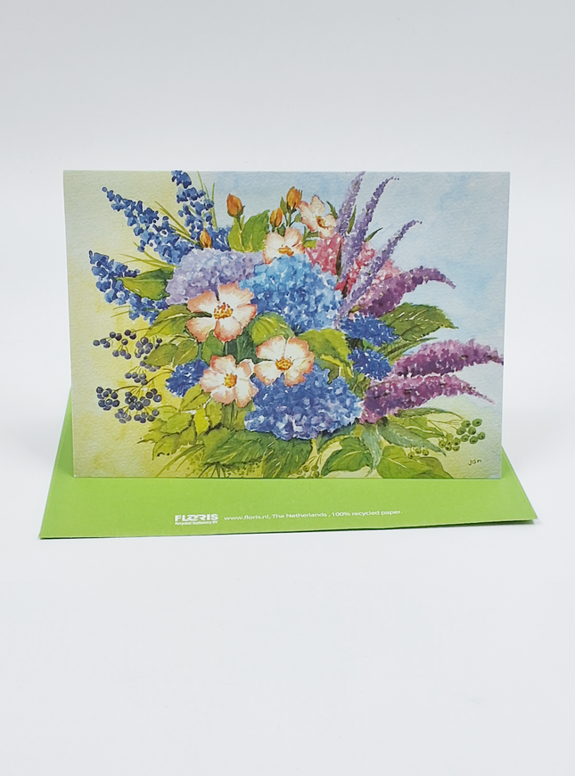 Wenskaart boeket hortensia korenbloemen