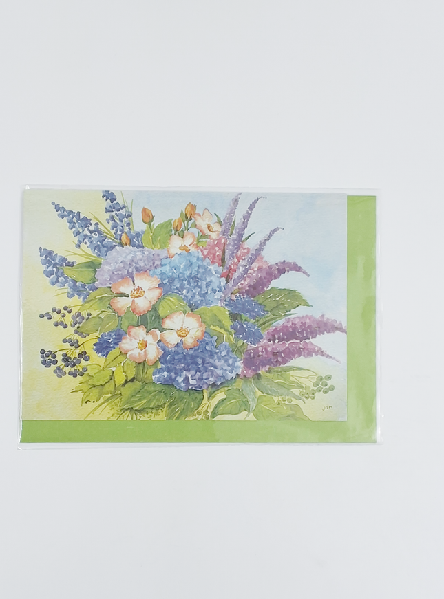 Wenskaart boeket hortensia korenbloemen