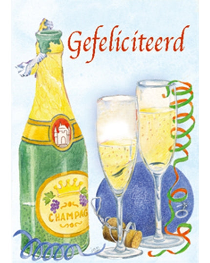 Wenskaart champagne, gefeliciteerd