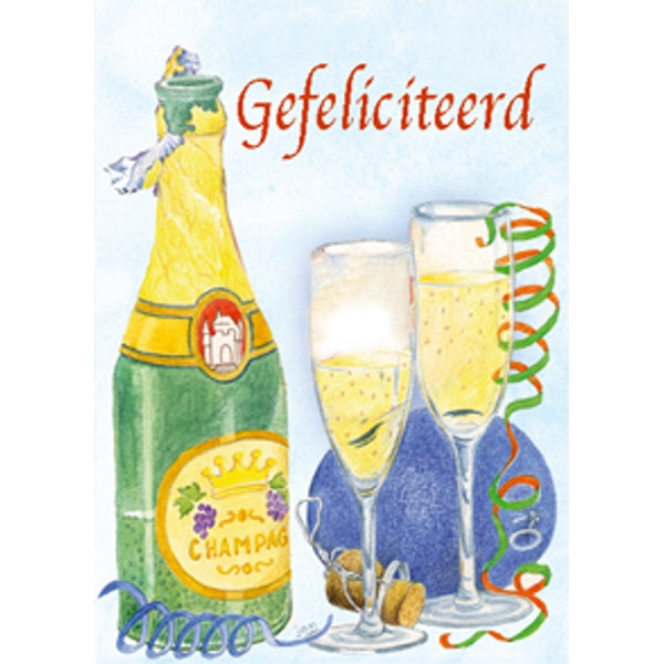 Wenskaart champagne, gefeliciteerd