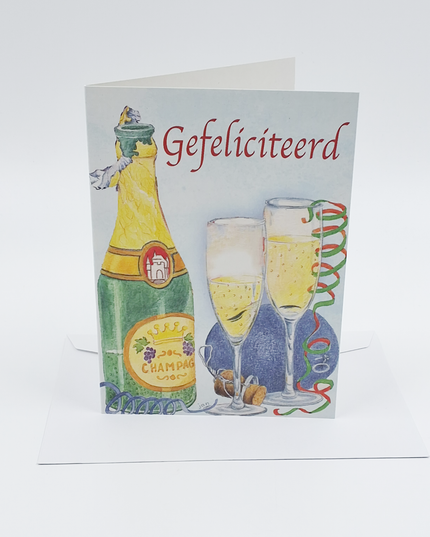 Wenskaart champagne, gefeliciteerd