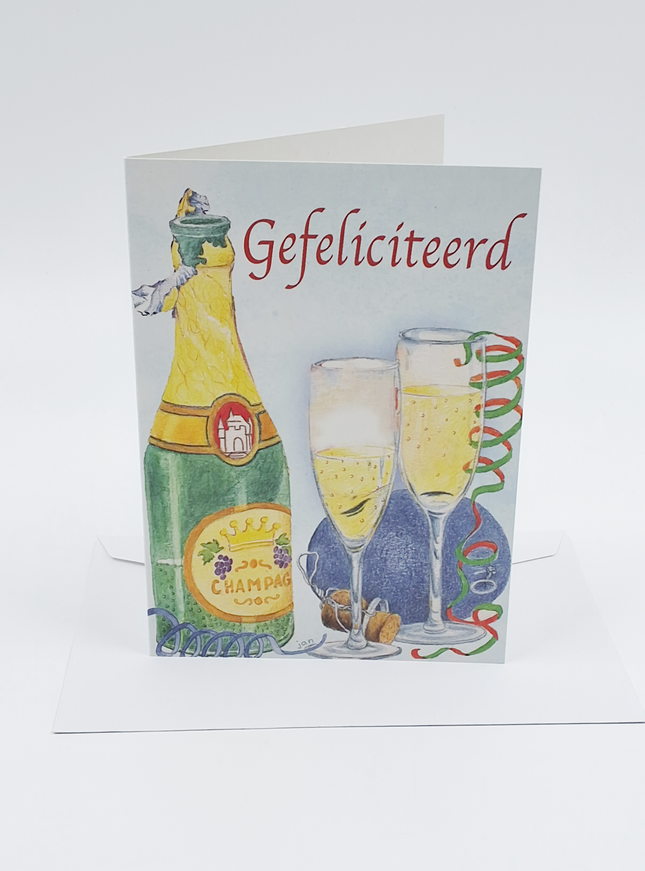 Wenskaart champagne, gefeliciteerd